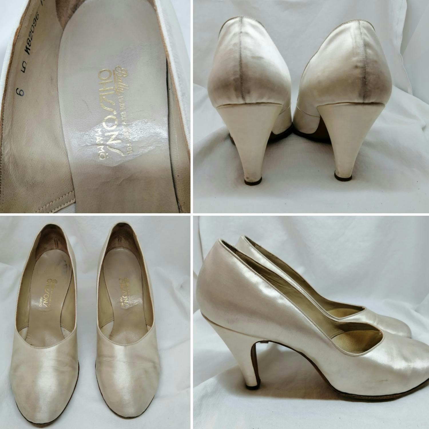 Vintage retro damskor benvita bröllops-skor hög klack Bally siden stl 39-40  - Vintage Corner Österlen
