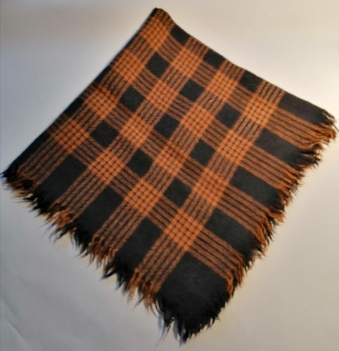 Vintage fyrkantig sjal med fransar svart brun rutig