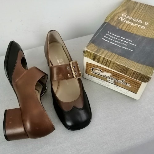 Vintage Celinda brun-svart sko bred vristrem stl stl 3 ca 35