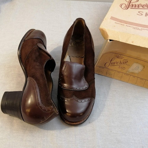 Vintage Suverän Sko halvhög brun sko med mocka och plös stl 3,5 ca 36
