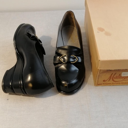 Vintage Malmgrens svart sko kilklack rosett guldf dekor stl 2,5 ca 35