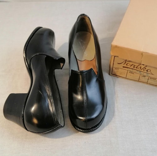 Vintage Nordsko svart halvhög stadig sko söm fram stl 3,5 ca 36