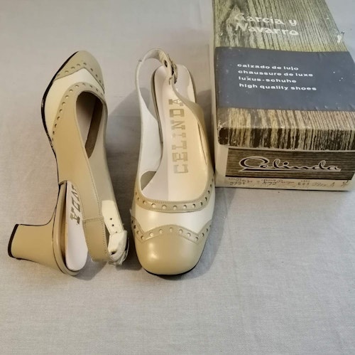 Vintage Celinda slingback beige vit håldekor stl 4 ca 37