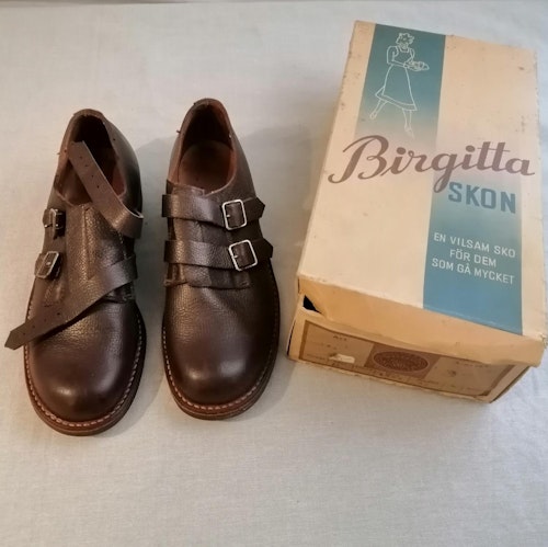Vintage Theorells brun grov kraftig sko med 2 spännen randsydd stl 37