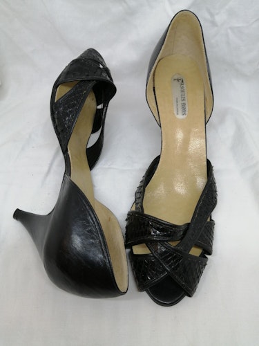 Vintage retro skor svarta fest öppen tå hög smal klack fejk-ormskinn fram stl 40