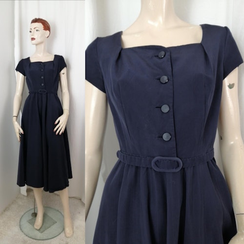 Vintage Retro marinblå klänning lång vid kjol vacker ringning skärp 50-tal