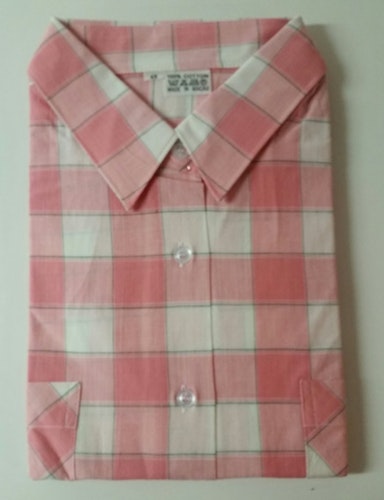 Retro kortarmad herrskjorta rosa- och vitrutig bomull oanvänd stl 48