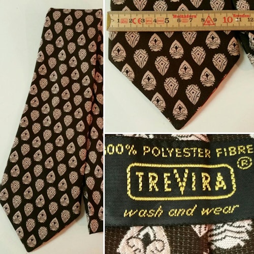 Retro bred slips brun med rosa figurer, Trevira, 70-tal Hipster