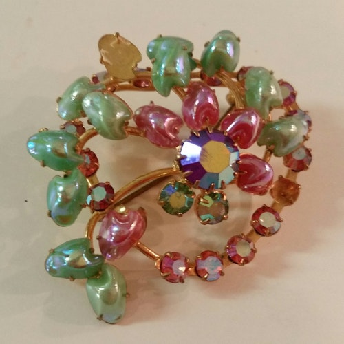 Vintage smycke bijouteri brosch pärlemorglänsande stenar turkos rosa