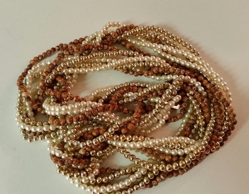 Retro bijouteri smycke halsband många långa tvinnade brun vit guld