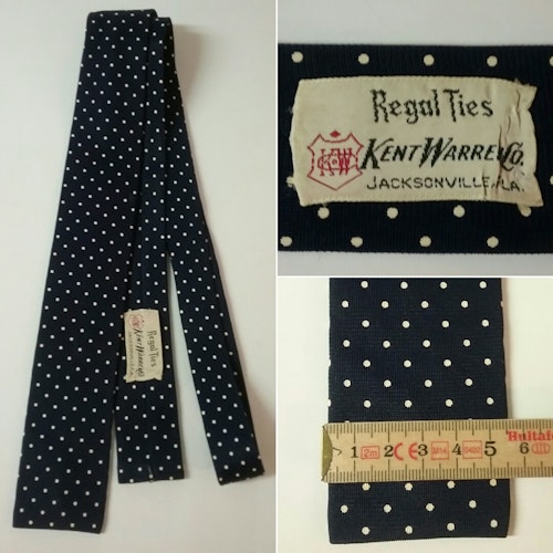 Vintage retro smal slips 60-tal blå med vita prickar USA Kent Warren Regal Ties