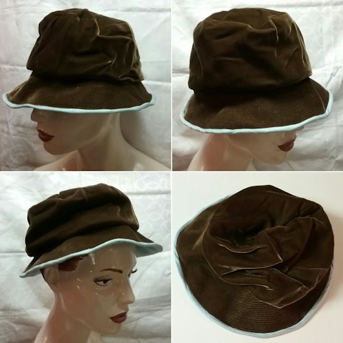 Vintage hatt damhatt plyschliknande brons-brun och ljusblå 50-tal 60-tal 70-tal