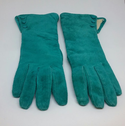 Retro vantar damhandskar grönaktiga fodrade mocka-handskar med krage stl 7 ca