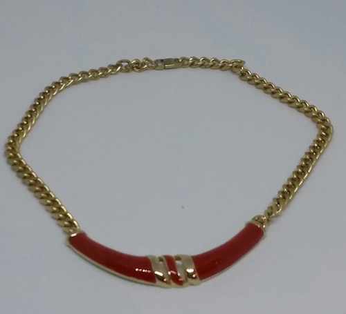Retro smycke bijouteri halsband 80-tal guldfärgat och rött i metall, kortare