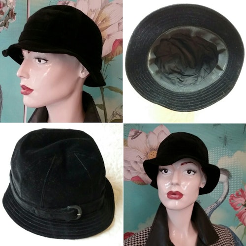 Retro hatt damhatt svart sammetshatt hjälm-liknande 70-tal