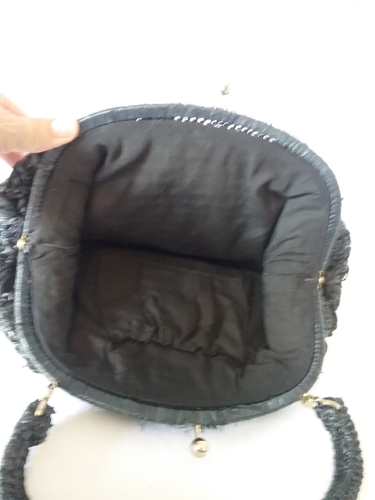 Retro vintage handväska väska större svart bast i blomform