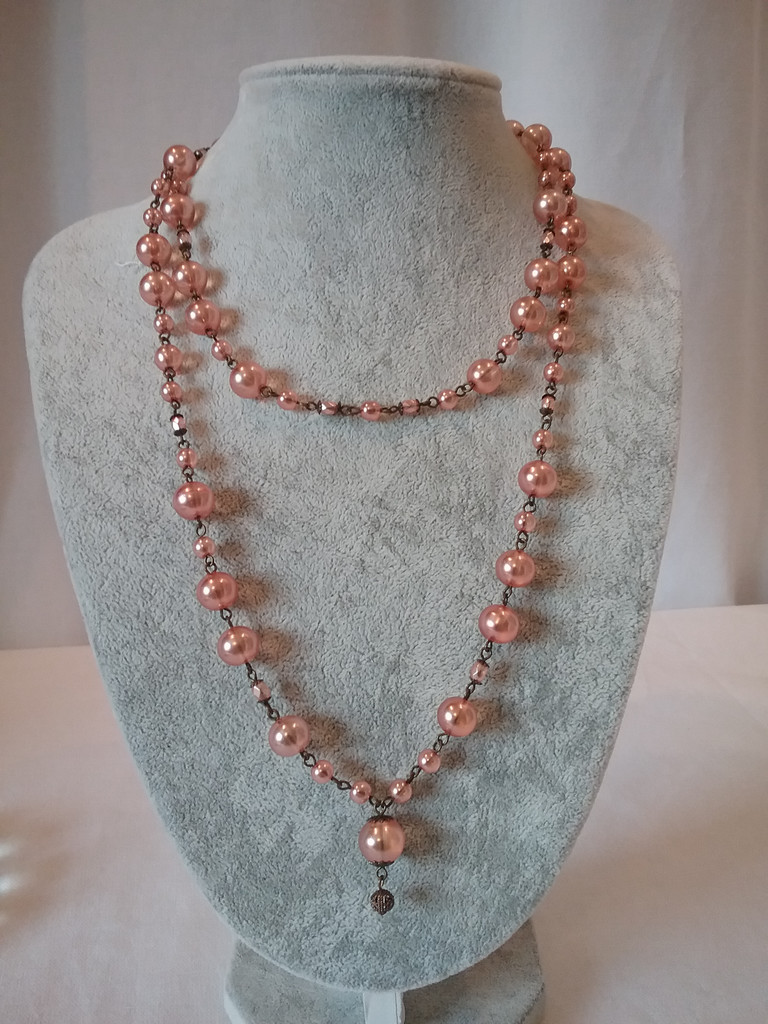 Vintage retro halsband längre aprikos-rosa pärlor med kedja mellan