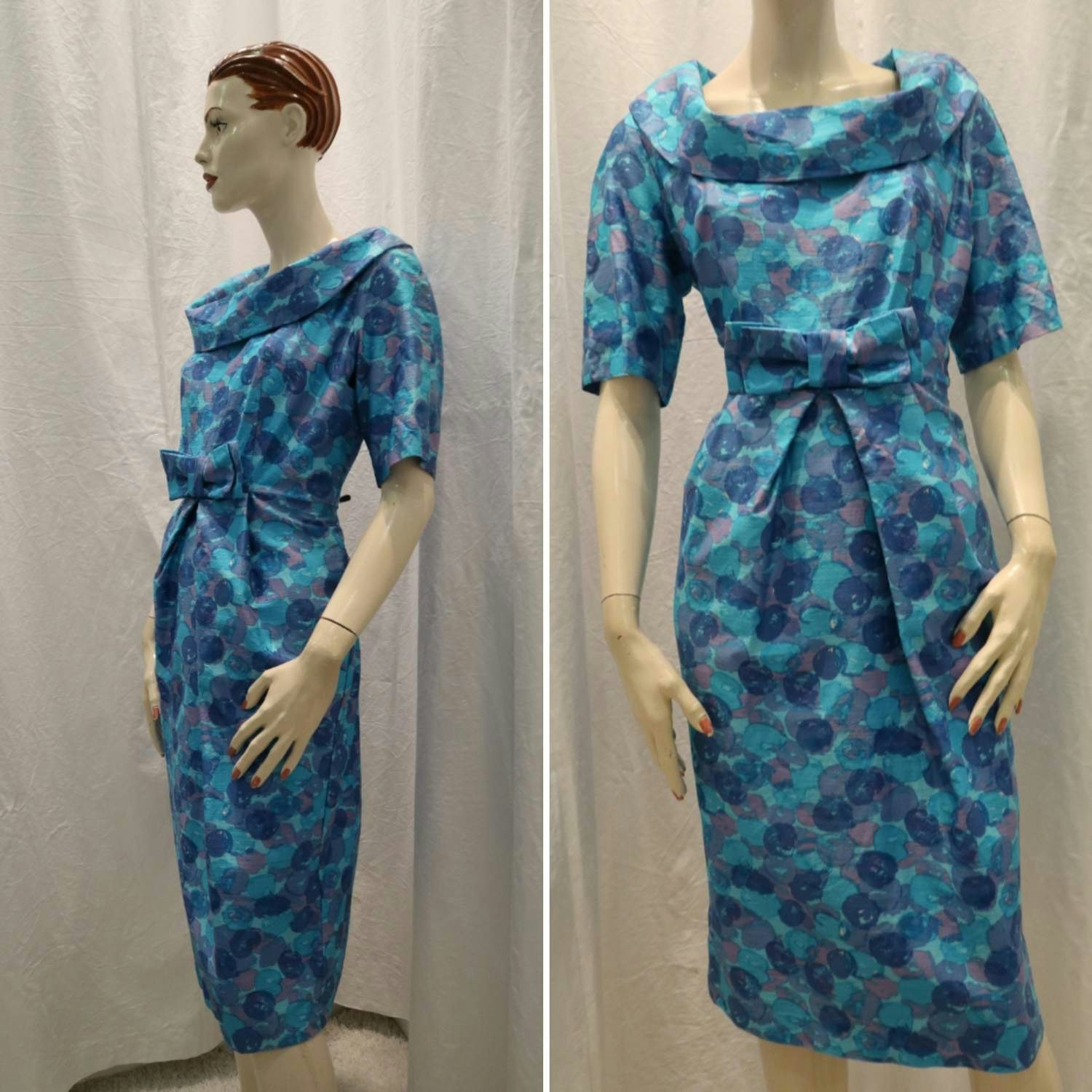 Vintage retro Fasilko turkos blå lila klänning vid krage tulpankjol 60tal  50tal - Vintage Corner Österlen