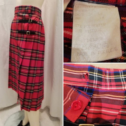 Vintage retro klassisk klanrutig skotskrutig kjol med veck och nål rödrutig