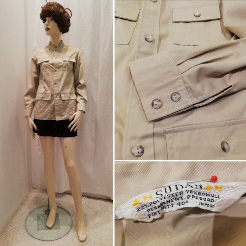 Vintage retro beige khaki-skjorta skjort-jacka många detaljer resår i midjan bak