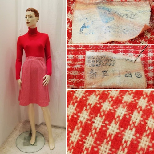 Vintage retro klockad kjol pepitarutig röd vit 607080-tal