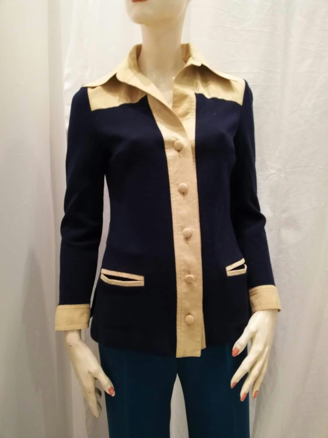 Vintage retro marinblå tunika tunnare jacka med skinndetaljer i ljust  6070-tal - Vintage Corner Österlen