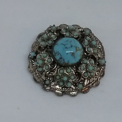 Vintage retro brosch rund silverfärgad med turkos-blå stenar
