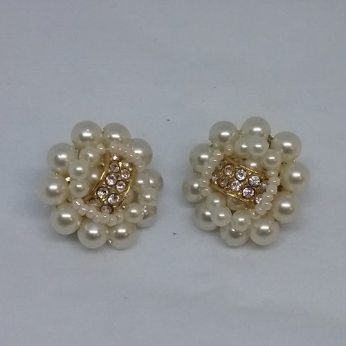 Vintage retro smycke bijouteri örhänge clips rund med pärlor och strass