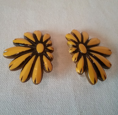 Retro smycke bijouteri örhänge clips större gul-bruna blommor