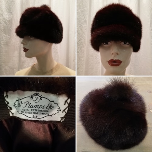 Vintage retro hatt damhatt brun minkpäls med tofs