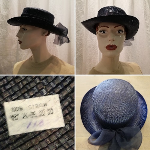 Vintage retro hatt damhatt strå blå med rosett chiffong bak