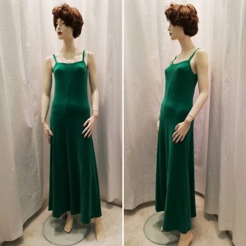 Vintage retro grön plyschklänning lång tunna axelband 70-tal