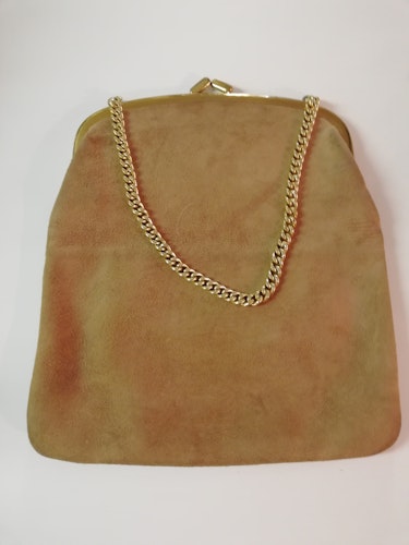 Retro vintage handväska väska beige-brun mocka med guldkedja