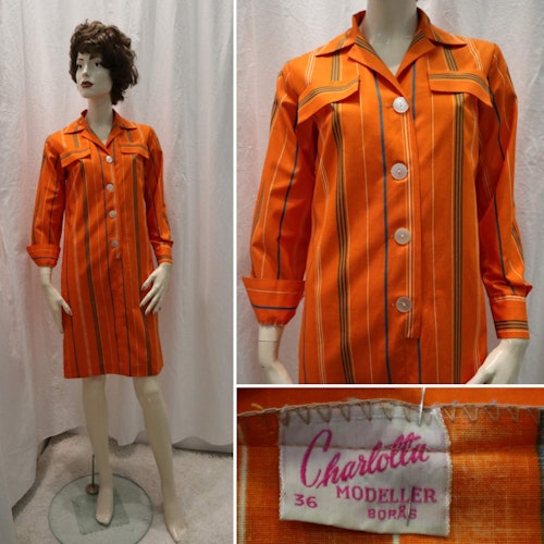 Vintage retro skjort-blus-klänning starkt orange randig Charlotta-modeller 60tal
