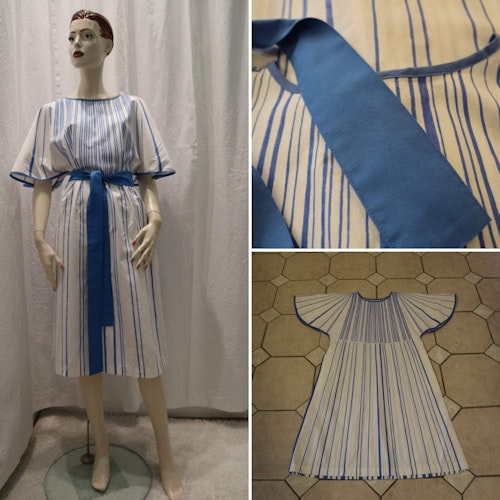 Retro Margareta Forslund klänning vit med blå detaljer och vid arm
