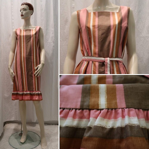 Vintage retro rosa brun vit randig klänning rak smal modell 60-tal