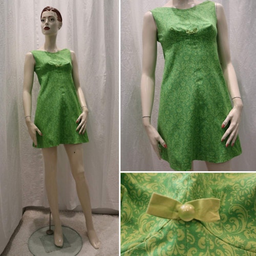 Vintage retro kortkort illgrön baby-dollskuren klänning bomull 60-tal
