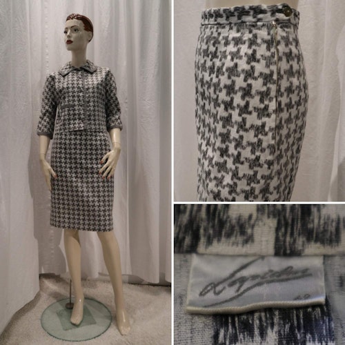 Vintage retro dräkt Lapidus ljusgrå med mönster kjol och dräktjacka 60-tal
