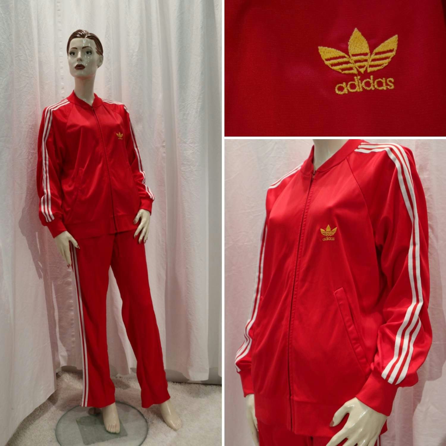 Retro Tränings-overall röd Adidas med vita revärer byxa och tröja 7080-tal  - Vintage Corner Österlen