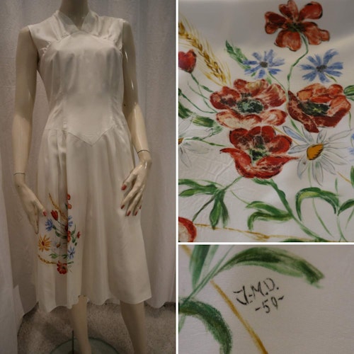 Vintage retro vit sommarklänning med handmålade blommor 1959, 50-tal