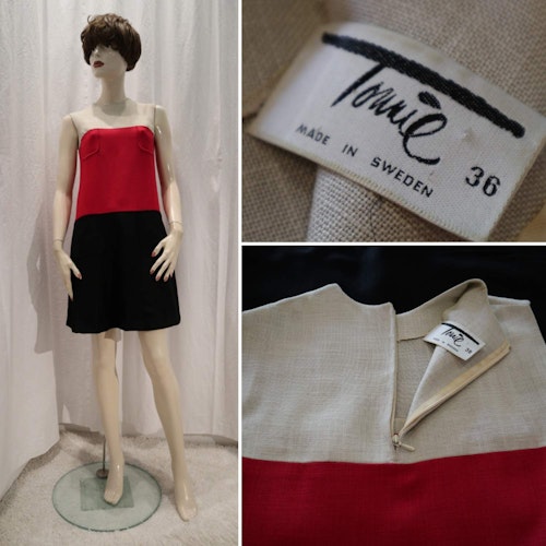 Vintage retro tidstypisk 60-talare linnetyg beige röd svart kort klänning