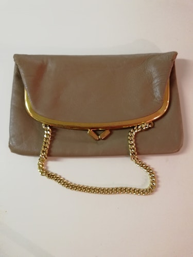 Retro vintage handväska väska beige-brun skinn med guldkedja