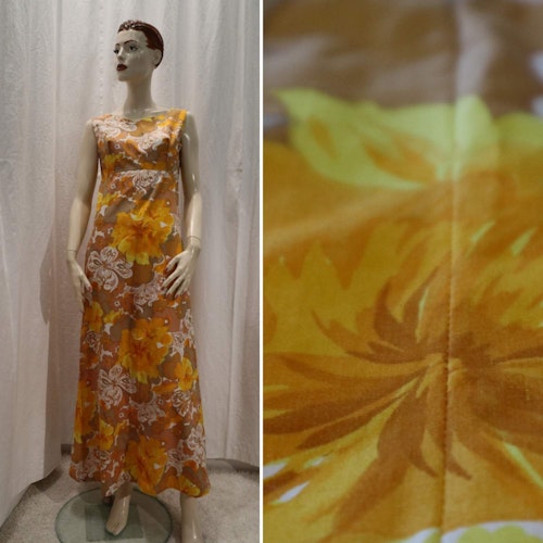 Vintage retro lång sommarklänning maxi-klänning gulblommig bomull 60-tal