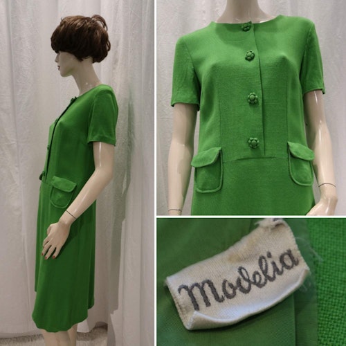 Vintage retro äppel-grön klänning linnestruktur Modelia vackra detaljer 60-tal