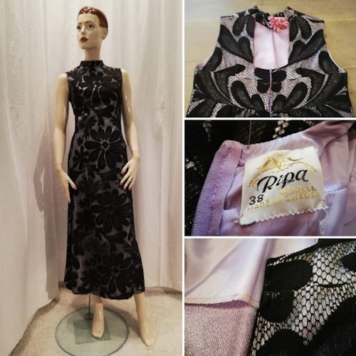Vintage retro långklänning festklänning lila med svart spets och glitter 60-tal