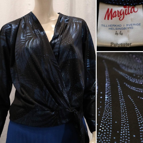 Vintage retro omlottskuren disco-blus i svart och metallic-blå-lila Margita