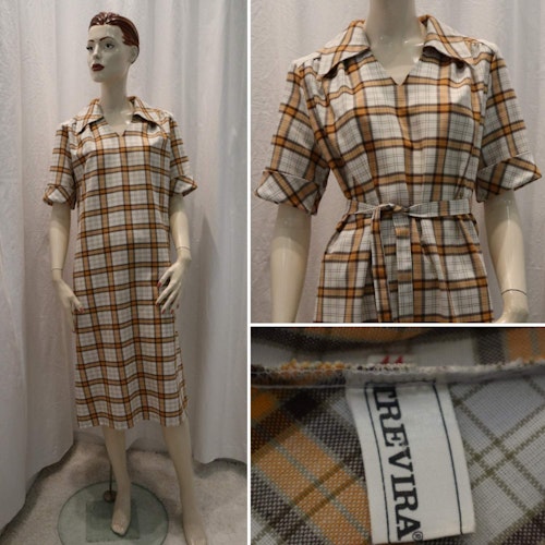 Vintage retro vid klänning beige brun orange rutig kort arm skärp 70-tal