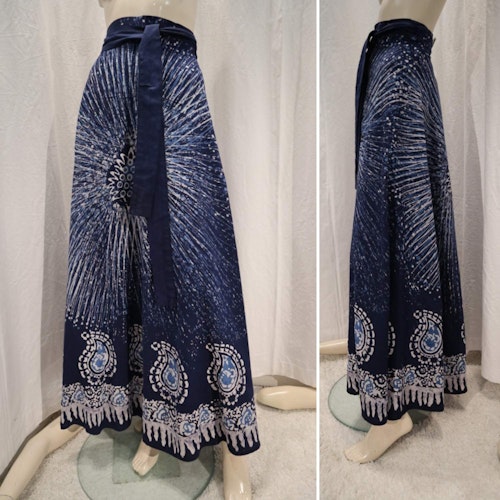 Vintage retro blå omlott-kjol batik bomull 60-tal 70-tal