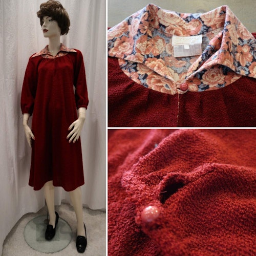 Vintage retro roströd A-linjeformad klänning med blommigt ok krage