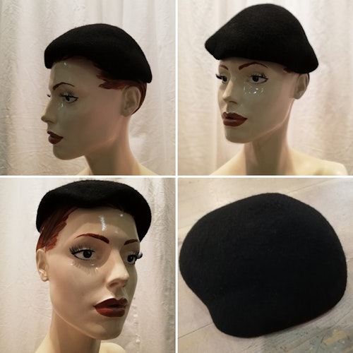 Vintage retro hatt damhatt svart filthatt asymmetrisk 40-tal